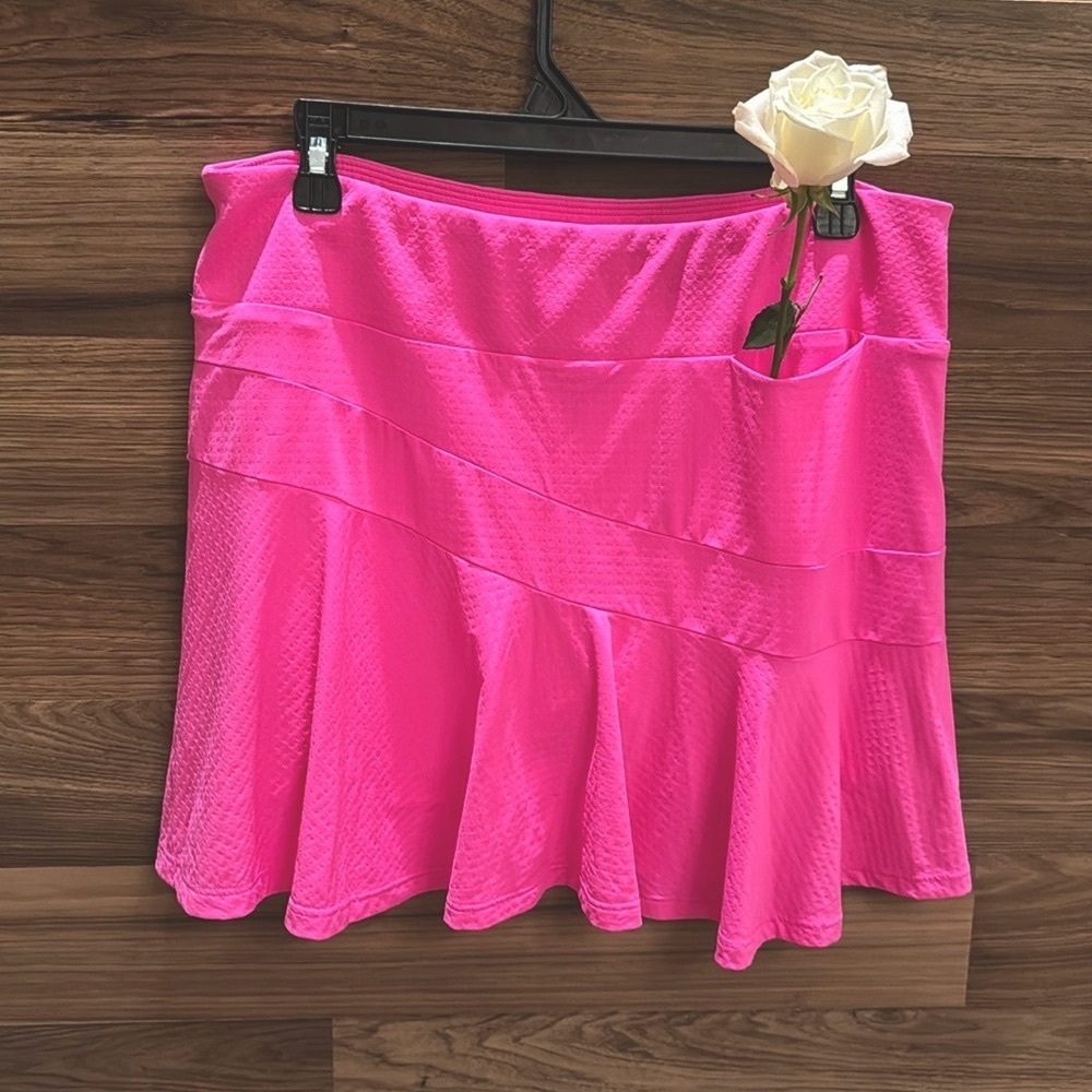 IBKUL Tennis Hot Pink UPF 50+ Mini Zip Pocket Pull On Flounce Skort Skirt L - Picture 2 of 13